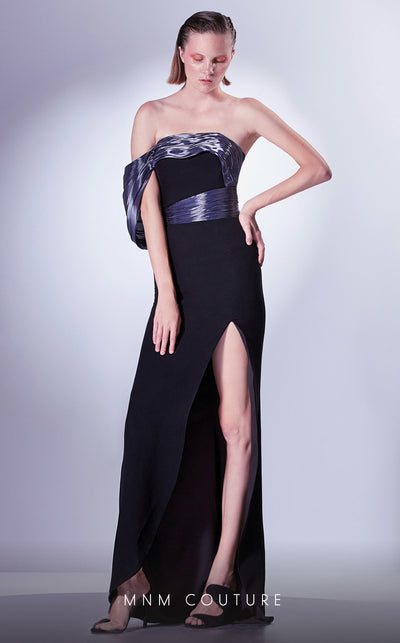 MNM Couture G1326 strapless Crepe gown with thigh-high slit for a chic and bold statement. | Couture Shop LA