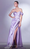 MNM Couture G1329 Satin evening gown with dropped sleeve and dramatic side slit design. | Couture Shop LA