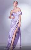 MNM Couture G1329 Satin evening gown with dropped sleeve and dramatic side slit design. | Couture Shop LA