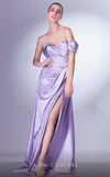 MNM Couture G1329 Satin evening gown with dropped sleeve and dramatic side slit design. | Couture Shop LA