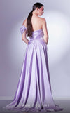 MNM Couture G1329 Satin evening gown with dropped sleeve and dramatic side slit design. | Couture Shop LA