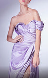 MNM Couture G1329 Satin evening gown with dropped sleeve and dramatic side slit design. | Couture Shop LA