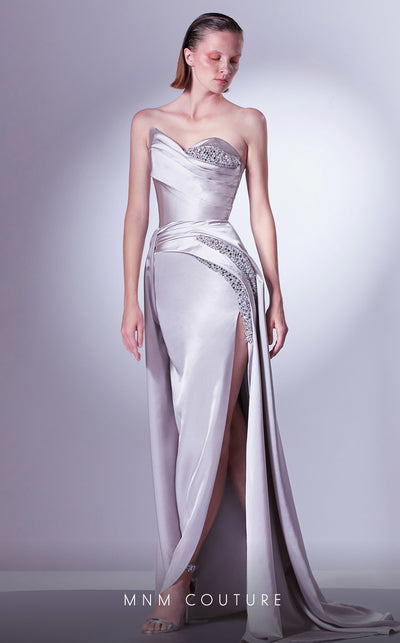 MNM Couture G1336 Satin gown with corset bodice, crystal accents, and sleek thigh-high slit. | Couture Shop LA