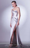 MNM Couture G1336 Satin gown with corset bodice, crystal accents, and sleek thigh-high slit. | Couture Shop LA