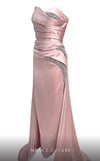 MNM Couture G1336 Satin gown with corset bodice, crystal accents, and sleek thigh-high slit. | Couture Shop LA
