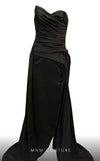 MNM Couture G1336 Satin gown with corset bodice, crystal accents, and sleek thigh-high slit. | Couture Shop LA