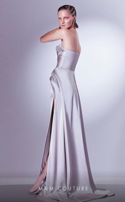 MNM Couture G1336 Satin gown with corset bodice, crystal accents, and sleek thigh-high slit. | Couture Shop LA