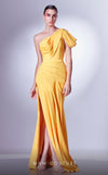 MNM Couture G1342 Crepe gown with sash detail, off-shoulder design, and eye-catching thigh-high slit. | Couture Shop LA