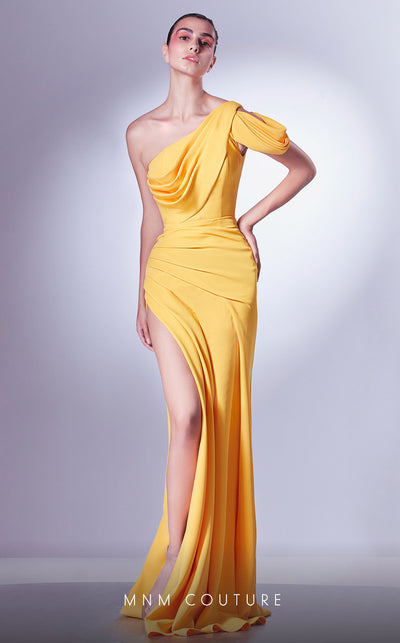 MNM Couture G1342 Crepe gown with sash detail, off-shoulder design, and eye-catching thigh-high slit. | Couture Shop LA