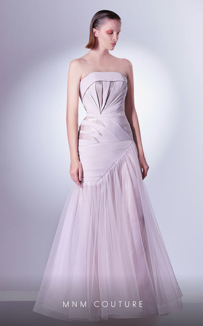 MNM Couture G1343 Satin and Tulle gown with strapless bodice and elegant criss-cross detailing at the waist. | Couture Shop LA