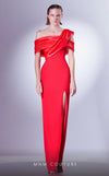 MNM Couture G1346 sheath dress with Organza draped bodice and bold Crepe thigh-high slit design. | Couture Shop LA
