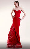 MNM Couture G1407 red rayon crepe fitted gown with asymmetric hemline and organza drape | Couture Shop LA