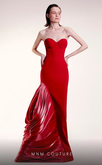 MNM Couture G1407 red rayon crepe fitted gown with asymmetric hemline and organza drape | Couture Shop LA