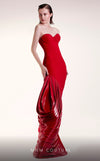 MNM Couture G1407 red rayon crepe fitted gown with asymmetric hemline and organza drape | Couture Shop LA