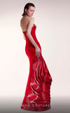 MNM Couture G1407 red rayon crepe fitted gown with asymmetric hemline and organza drape | Couture Shop LA