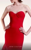 MNM Couture G1407 red rayon crepe fitted gown with asymmetric hemline and organza drape | Couture Shop LA