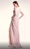 MNM Couture G1408 one-sleeve crepe column gown with boatneck neckline, rhinestone corseted waist, and draped floor-length skirt with slit | Couture Shop LA.