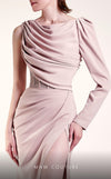 MNM Couture G1408 one-sleeve crepe column gown with boatneck neckline, rhinestone corseted waist, and draped floor-length skirt with slit | Couture Shop LA.