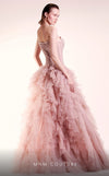 MNM Couture G1409 strapless tulle mesh A-line ball gown with rhinestone fishnet mesh bodice, straight-across neckline, and ruffled skirt | Couture Shop LA.
