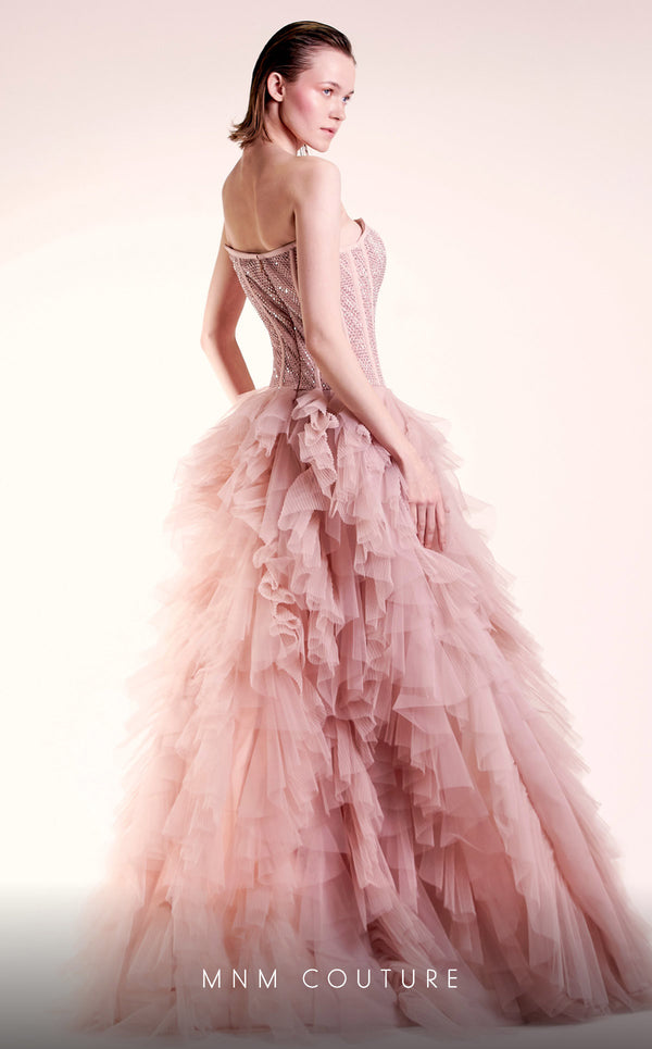 A breathtaking MNM Couture G1409 A-line gown with a strapless beaded lattice bodice, mid-open back, and cascading ruffled tiered skirt in full-length perfection. | Couture Shop LA