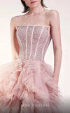 MNM Couture G1409 strapless tulle mesh A-line ball gown with rhinestone fishnet mesh bodice, straight-across neckline, and ruffled skirt | Couture Shop LA.