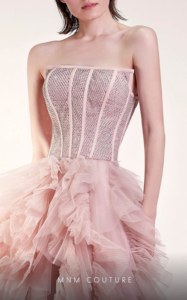 MNM Couture G1409 strapless tulle mesh A-line ball gown with rhinestone fishnet mesh bodice, straight-across neckline, and ruffled skirt | Couture Shop LA.