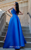 A glamorous MNM Couture G1419 metallic sheath gown featuring a strapless pleated bodice, faux-wrap design, pointed neckline, and a dramatic overskirt. | Couture Shop LA