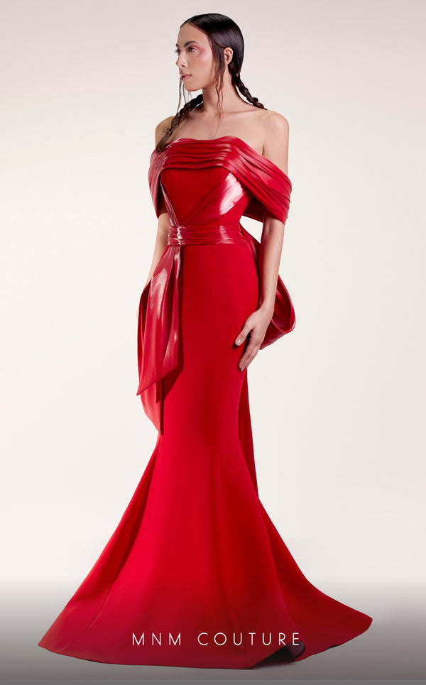 MNM Couture G1424 off-shoulder crepe mermaid gown with pleated satin draping, sweetheart neckline, and front bow illusion with tails | Couture Shop LA.