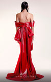 MNM Couture G1424 off-shoulder crepe mermaid gown with pleated satin draping, sweetheart neckline, and front bow illusion with tails | Couture Shop LA.