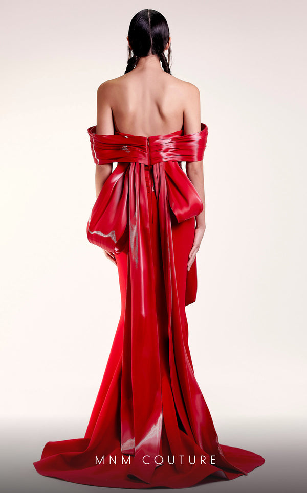 MNM Couture G1424 off-shoulder crepe mermaid gown with pleated satin draping, sweetheart neckline, and front bow illusion with tails | Couture Shop LA.