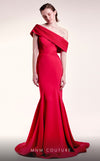 MNM Couture G1430 mermaid gown with asymmetrical design, pleated sleeves, open back, and a dramatic train.