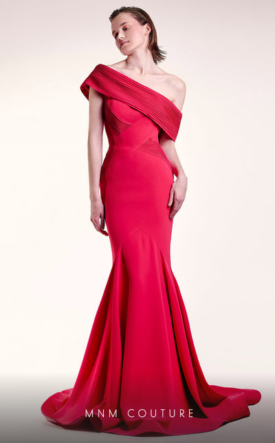 MNM Couture G1430 mermaid gown with asymmetrical design, pleated sleeves, open back, and a dramatic train. | Couture Shop LA