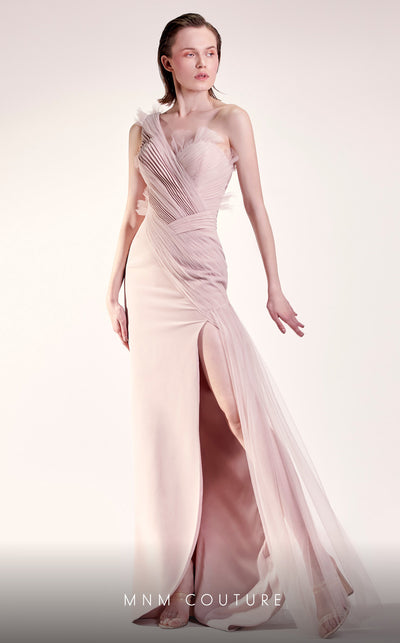 MNM Couture G1431 column gown with mesh pleats and thigh-high slit in black or emerald green | Couture Shop LA