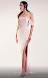 MNM Couture G1433 one-shoulder crepe and sequin column gown with pleated sweetheart bodice, sequin window detail, and high slit | Couture Shop LA.