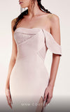 MNM Couture G1433 one-shoulder crepe and sequin column gown with pleated sweetheart bodice, sequin window detail, and high slit | Couture Shop LA.