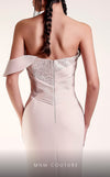 MNM Couture G1433 one-shoulder crepe and sequin column gown with pleated sweetheart bodice, sequin window detail, and high slit | Couture Shop LA.