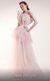 MNM Couture G1435 sleeveless tulle mesh ball gown with empire waist and structural petal bodice detail in layered flowing mesh | Couture Shop LA.