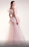 MNM Couture G1435 sleeveless tulle mesh ball gown with empire waist and structural petal bodice detail in layered flowing mesh | Couture Shop LA.