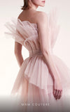 MNM Couture G1435 sleeveless tulle mesh ball gown with empire waist and structural petal bodice detail in layered flowing mesh | Couture Shop LA.