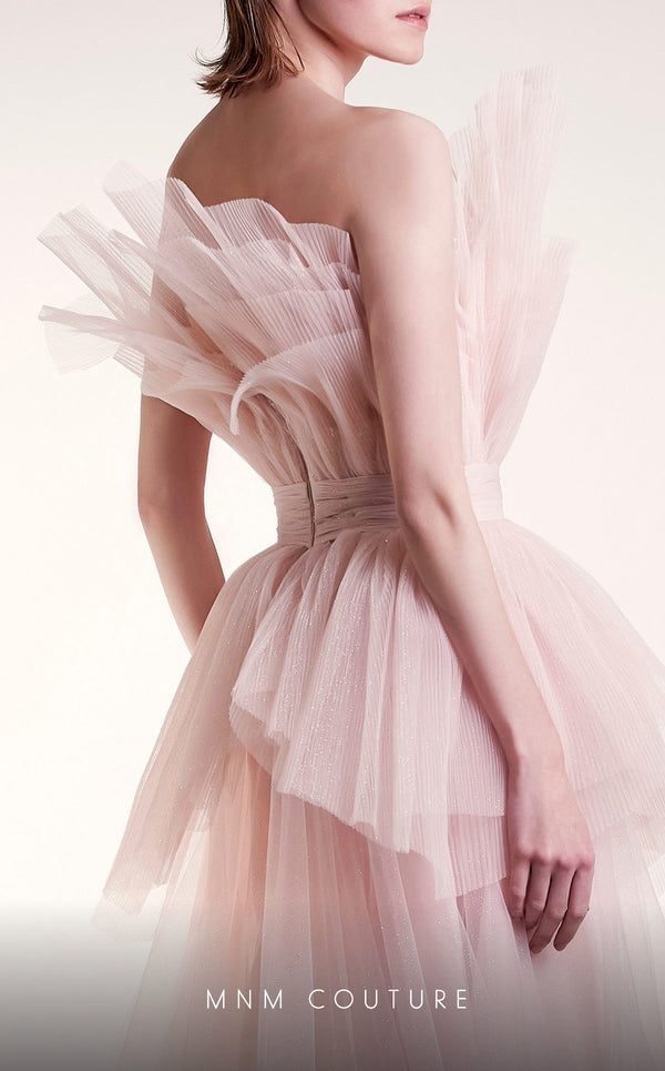 MNM Couture G1435 sleeveless tulle mesh ball gown with empire waist and structural petal bodice detail in layered flowing mesh | Couture Shop LA.