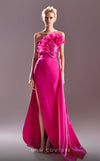 Strapless fitted crepe gown with slit and side skirt detail for couture occasions.