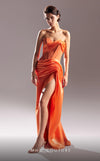 Strapless organza gown with corset detailing, a high side slit, and floor-length design.