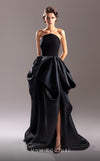 Strapless A-line organza gown with draped details and elegant long length.