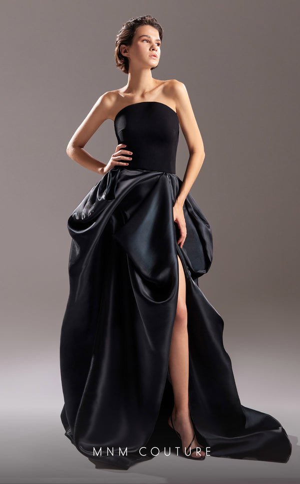 MNM Couture G1508 Strapless A-line organza gown with draped details and elegant long length. | Couture Shop LA