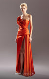 MNM Couture G1510 Strapless satin A-line gown with train and slit detailing for timeless elegance. | Couture Shop LA
