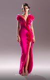 MNM Couture G1511 High-slit fitted evening gown crafted from crepe and organza with draped ruffles. | Couture Shop LA