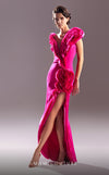 MNM Couture G1511 High-slit fitted evening gown crafted from crepe and organza with draped ruffles. | Couture Shop LA