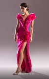 MNM Couture G1511 High-slit fitted evening gown crafted from crepe and organza with draped ruffles. | Couture Shop LA