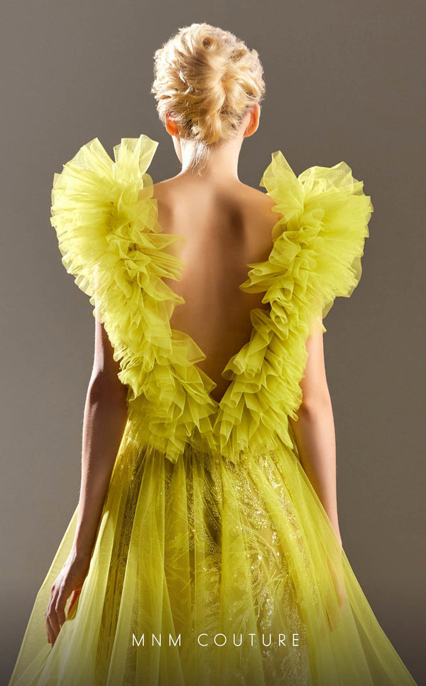 MNM Couture G1515 Beaded tulle A-line gown with delicate ruffle sleeves and an illusion neckline. | Couture Shop LA