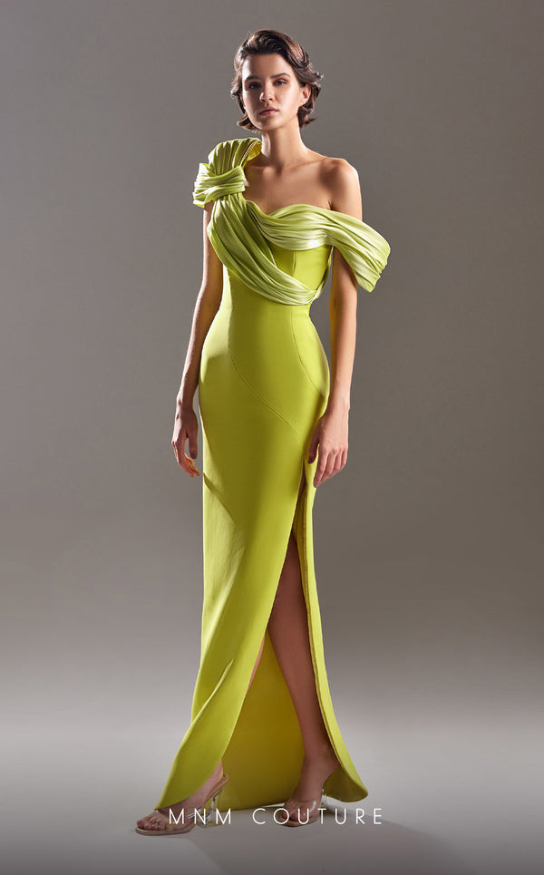 MNM Couture G1518 Modern one-shoulder crepe gown with side slit and ruched features for formal events. | Couture Shop LA